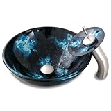 Geyser Storm Bathroom Glass Vessel Sink and Brushed Nickel Waterfall Faucet Combo w/Drain