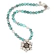 Faceted Natural Turquoise Gemstone and Sterling Silver Flower Necklace with Swarovski Crystals and Om (Aum) Charm, 20" Length with Decorative Flower Toggle, #7724