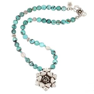 Faceted Natural Turquoise Gemstone and Sterling Silver Flower Necklace with Swarovski Crystals and Om (Aum) Charm, 20" Length with Decorative Flower Toggle, #7724