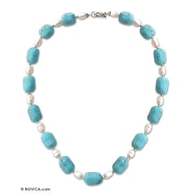 Pearl and chrysocolla choker, 'Cloudy Sky' 0.8" W 24.6" L by 