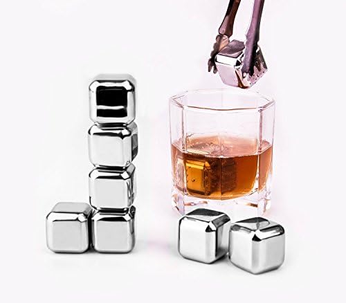 Whiskey Stones - Wecookez Set of 8 with Plastic Storage Box Tongs, Stainless Steel Reusable Wine Ice Cubes, Whiskey Chilling Rocks, Whisky Stones and Sipping Stones