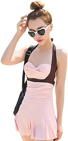 MEDY Women's Color Block Sweetheart Push Up Skirt One Piece Swimwear Pink