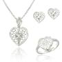 Sterling Silver .925 D-cut Filigree Heart Pendant Necklace Stud Earrings, Ring Jewelry Set