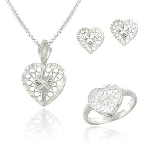 Sterling Silver .925 D-cut Filigree Heart Pendant Necklace Stud Earrings, Ring Jewelry Set