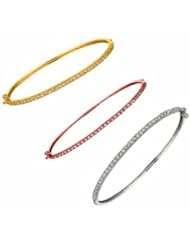 .925 Sterling Silver Micropave Yellow Rose Gold Overlay Rhodium CZ Bangle Bracelet 7.5" 3pcs