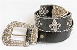 Black Leather Rhinestone Belt with Fleur de Leis