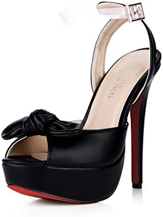 E FILLE PATRE Women's Amupoate Bow Peep Toe Red Bottom Cingulate Sandals Black 9 M US