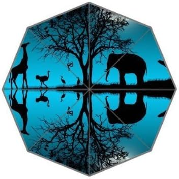 RainbowRain Art Design Compact Custom Lightweight Auto Foldable Rainy / Sunny Umbrella - Generic Light Blue Lovely Animal Kingdom Family Get Together (Elephant / Giraffe / Crane / Birds) Night Series