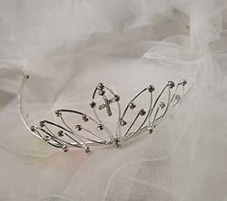 New Rhinestone Cross Tiara with Attached Veil ~ Flower Girl or First Holy Communion
