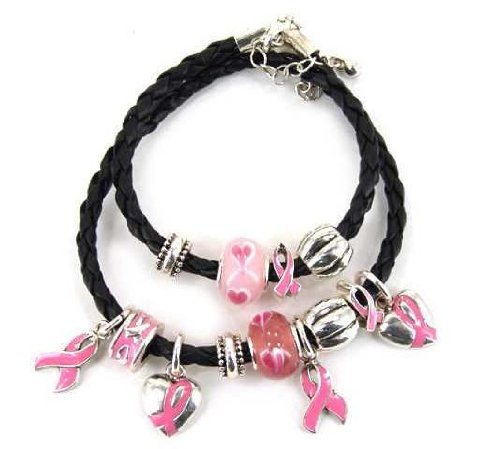 Breast Cancer Awarness Double Wrap Braided Charm Bracelet (fits 7 -8 inch wrist)