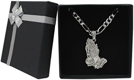 Iced Out Praying Hands Pendant with a 24 Inch Figaro Chain Necklace in Gift box