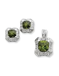 Sterling Silver Green & Clear CZ Pendant & Earring Set