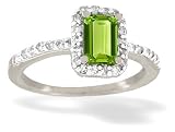 14K White Gold Genuine Emerald-cut Peridot and Diamond Ring