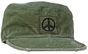 Vintage Military Fatigue Cap, Olive Drab Rip Stop w/Black Peace Sign, Large