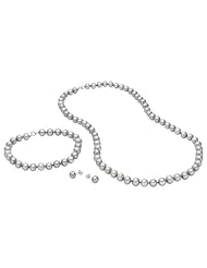 Valentines Gift Set Sterling Silver Genuine Grey Cultured Pearl Necklace Bracelet & Stud Earrings Set 6.5-7mm Knotted