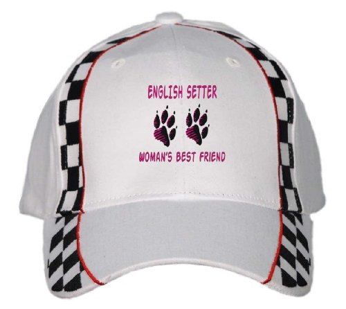 ENGLISH SETTER WOMAN'S BEST FRIEND White Racing Checker Flag Hat / Baseball Cap