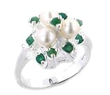 Genuine Cultured Freshwater Pearl and Green Emerald Blooming Flower Sterling Silver Ring (Size 6,8,9) by 