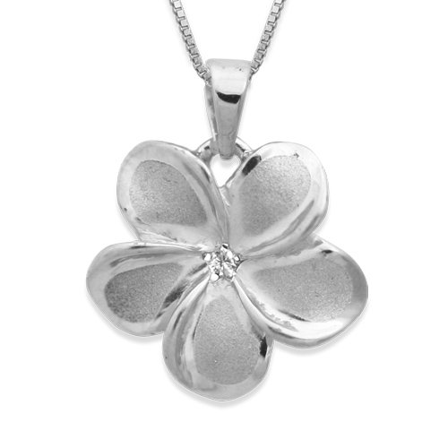 Plumeria Necklace Pendant with Diamond in 14K White Gold with Box Chain-15mm