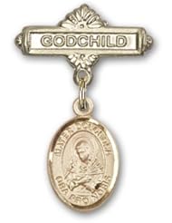 14K Gold Baby Badge with Mater Dolorosa Charm and Godchild Badge Pin