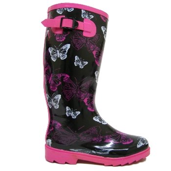 Womens Black Pink White Butterfly Ladies Wellies 