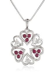 Sterling Silver Created Ruby and Created White Sapphire Heart Shape Flower Pendant Necklace, 18"