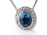 18K White Gold 16 Cable-Chain Oval-Shape Blue-Topaz Color-Stone Necklace, Set with a Sliding Pendant, Surrounded by Pave Set Diamonds.