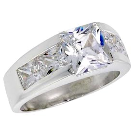 Sterling Silver 3.0 Carat Size Princess Cut Cubic Zirconia Men's Ring