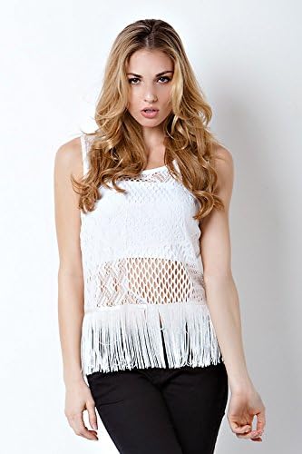 Women's Solid Crop Crochet Knit Top Fringe Shirt Sleeveless Sheer Comes in Black and Ivory (Small, Ivory)