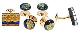 Gold plated cufflinks and shirt stud set with Cobalt Gold art glass accent with presentation box. Made in the U.S.A