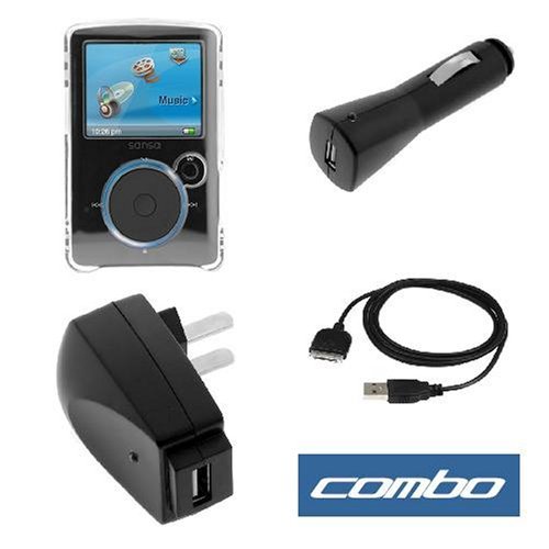 Transparent Clear Crystal Snap on Hard Case + USB Data Cable + USB Home Travel Charger + USB Car Charger for Sandisk Sansa Fuze