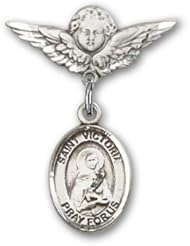 Sterling Silver Baby Badge with St. Victoria Charm and Angel with Wings Badge Pin