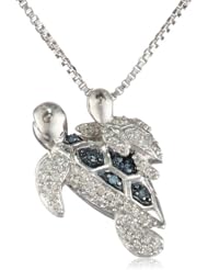 XPY Sterling Silver Mother and Baby Turtle White and Green Diamond Pendant Necklace (0.19 cttw, I-J Color, I2-I3 Clarity), 18"