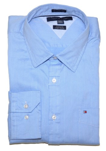 Tommy Hilfiger Men Custom Fit Long Sleeve Logo Striped Shirt (L(16.5-17), Blue/white)