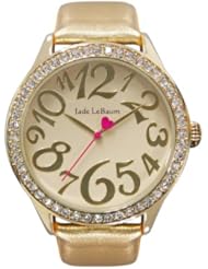 Womens Large Face Gold Watch Leather Strap Crystal Bezel Easy Read Jade LeBaum - JB202760G