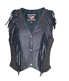 IMAGE OF Ladies Drum Dyed Naked Cowhide Leather Motorcycle Vest w/ Vertical Braiding and Fringes on Front and Back