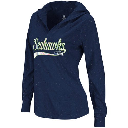 Reebok Seattle Seahawks Ladies Fem V-Neck Long Sleeve Hooded T-Shirt - Navy Blue (XX-Large)
