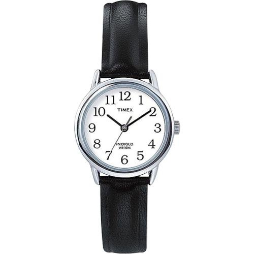 Timex Women's T20441 Black Leather Quartz Watch with White Dial