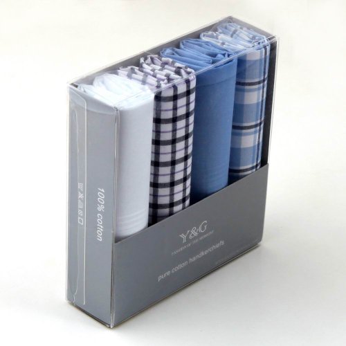  Discount Gift Idea 4 Pack Hankies WHOLESALE LOT MENS Cotton With Presentation Box -- Blue/White MH1061