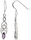 Sterling Silver Celtic Fish Hook Dangle Earrings, w/ Marquise Cut Natural Amethyst Stones, 1 1/2" (38mm) tall