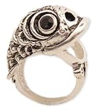 Beautiful ZAD Trout Fish with Mouth Open Wrap Around Fashion Ring Antique Silver Tone with Black Crystal Sparkling Eyes