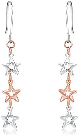 14K Rose and White Gold (2 Tones) Dancing Faceted Triple Stars Fench Wire Earrings