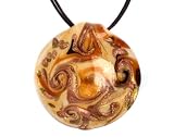 Gold Overlay Sterling Silver Yellow w/ Brown Swirl Round Murano Glass Pendant w/ Dark Brown Cord