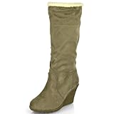 Damen trendy halbschaft Stiefel mit Keilabsatz und Teddy-Fell MQ1155 Khaki Gr. 39