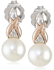 S&G Sterling Silver and 14k Pink Gold Freshwater Cultured Pearl (6-6.5mm) and Diamond Earrings (0.01 cttw, I-J Color, I3 Clarity)
