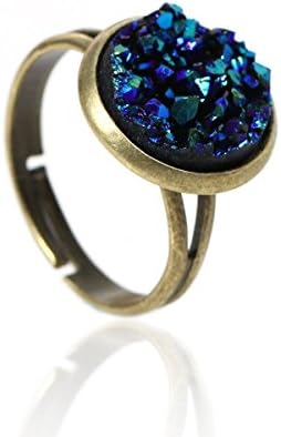 Antique Bronze Adjustable Imitation Resin Druzy Ring - AB Coated Blue