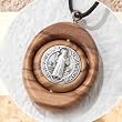 Durable Nylon String Necklace - 1.5" Round Revolving Wood Centerpiece with Silver Medal - Made in Italy