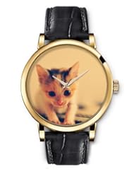 SPRAWL Aanalog Fashion Series Gold Ladies Watches of Genuine Black Leather Strap,Unique Wrist Watch for Women Girls Designed with Kitten