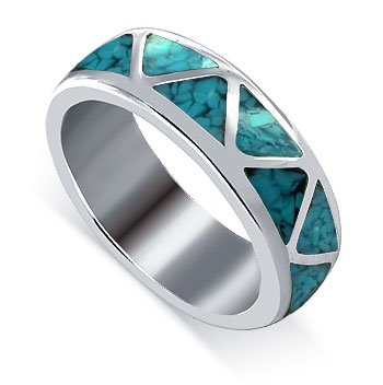 Turquoise Gemstone Inlay 6 MM Band Sterling Silver Navajo South Western Native American Style Band Ring
