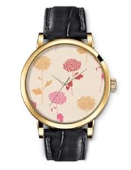 SPRAWL Aanalog Fashion Series Gold Ladies Watches of Genuine Black Leather Strap,Unique Wrist Watch for Women Girls Designed with Chrysanthemum flowers on beige background