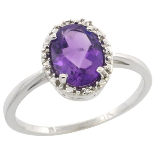10k White Gold ( 8x6 mm ) Halo Engagement Amethyst Ring w/ 0.04 Carat Brilliant Cut Diamonds & 1.17 Carats Oval Cut Stone, 7/16 in. (11mm) wide, size 6